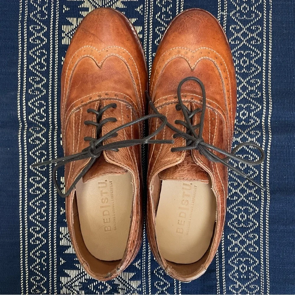 Bed|Stu Lita Oxfords Goodyear Welt Shoes Wingtip Rustic Brown Leather Size 7.5